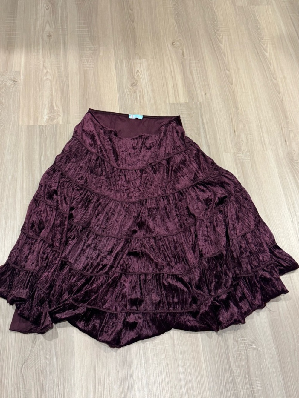 Whimsigoth Tiered Velvet Midi Skirt - Burgundy